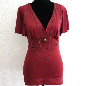 Forever 21, red color V-neck T-shirt with necklace, with rhinestones, crystal